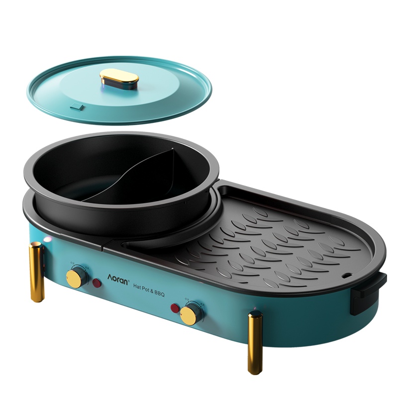 奥然多功能火锅涮烤一体锅电烧烤炉家用韩式网红两用烤盘煎烤肉机 圆锅