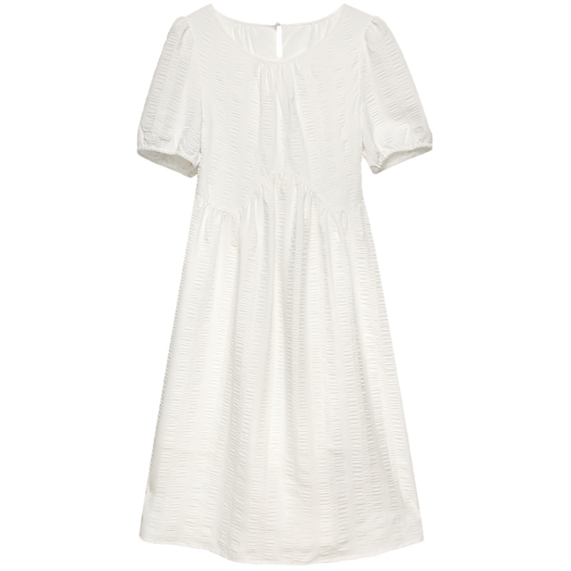 三彩2020秋季新款圆领泡泡袖腰带压褶纯色短袖小白裙连衣裙女