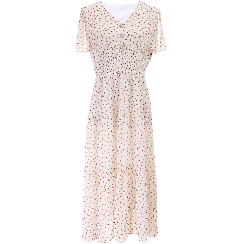 欧昵雪夏季V领拼接荷叶边短袖收腰波点雪纺连衣裙女