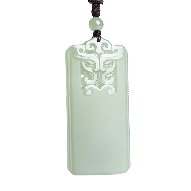 印象眸 和田玉仿古吊坠 浅青玉鸭蛋青玉镂空兽头玉牌挂件 玉雕大师冀克正作品 附送证书