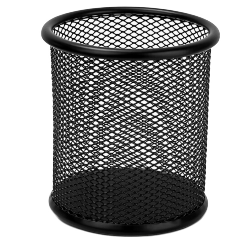 得力9172金属网纹圆形笔筒 简约创意桌面收纳盒 办公用品 黑色