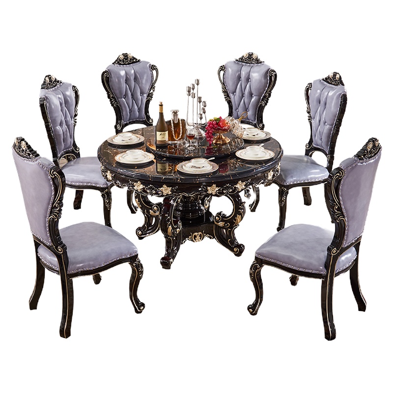 米括(MIKUO)欧式餐桌大理石全实木带转盘新古典黑檀色1.2米小户型圆餐台