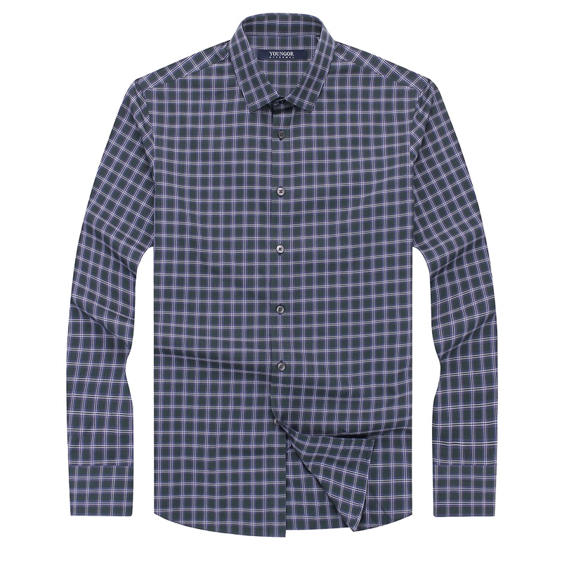 Youngor/雅戈尔衬衫男2019秋季 格子长袖衬衫男修身 休闲衬衫 商务休闲 深绿格纹