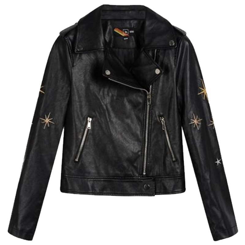 【热卖】拉夏贝尔旗下7M短款绣花修身显瘦PU长袖夹克外套72000406