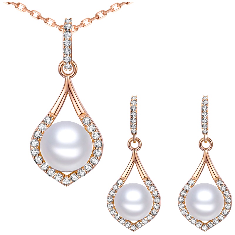 佰色传情(BRIR)925纯银加厚电镀18K金淡水珍珠项链耳饰2件套