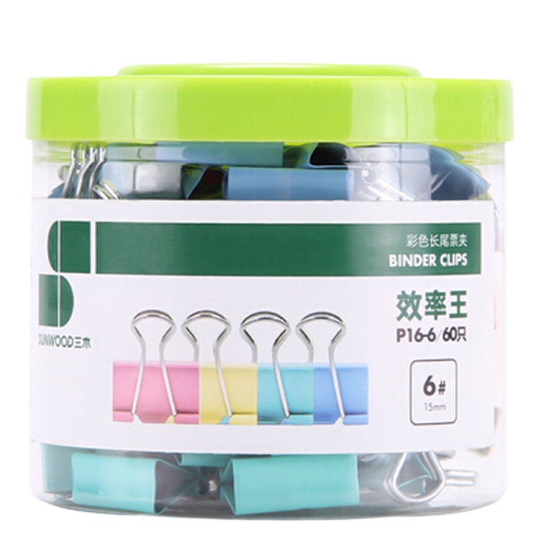 三木(SUNWOOD) P16-6 彩色长尾夹 15mm 60只/筒 6号 混色