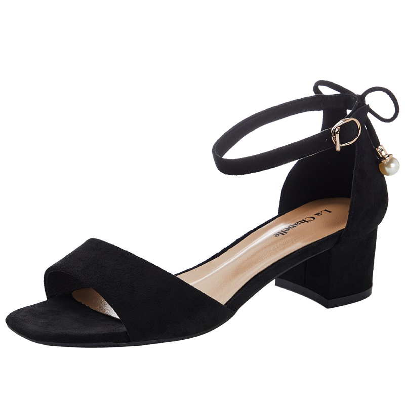 拉夏贝尔2019夏季新款粗跟时尚百搭一字带扣中跟凉鞋女黑色穆勒鞋