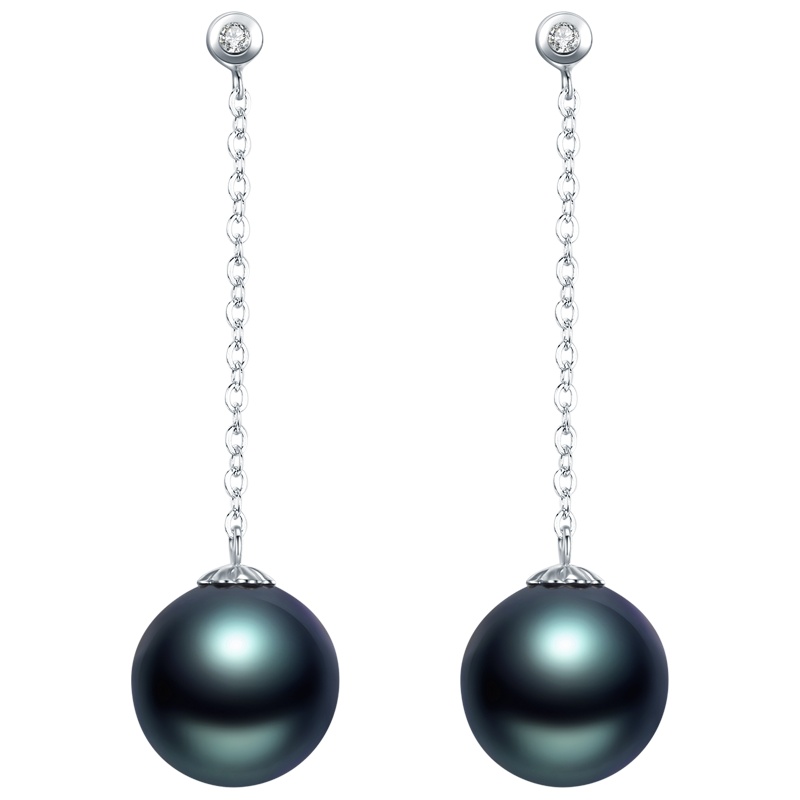 brir 佰色传情 正品8-9MM长款正圆强光海水珍珠耳环18K大溪地黑珍珠耳钉耳线