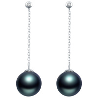 brir 佰色传情 正品8-9MM长款正圆强光海水珍珠耳环18K大溪地黑珍珠耳钉耳线
