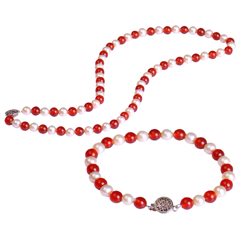 梦克拉 Mkela 926银珍珠玛瑙套装项链手链 伊人淡水珍珠 近圆 送客户 玉髓链子手串圆珠红玛瑙套链 首饰套装 珍珠