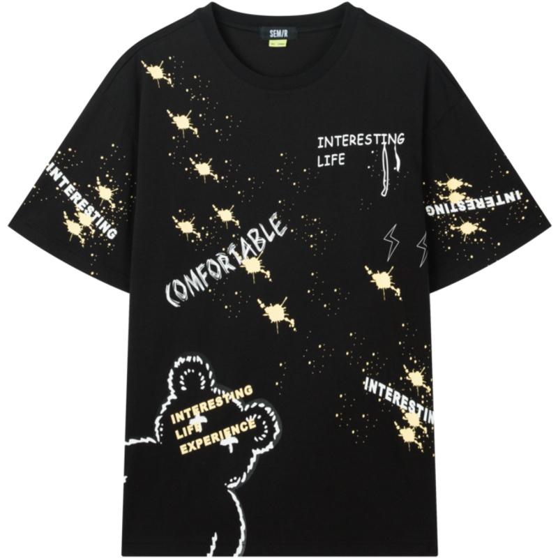 【满198减100预估价：68】森马短袖T恤男潮牌小熊体恤男士2021夏季新款满印国潮黑色上衣潮