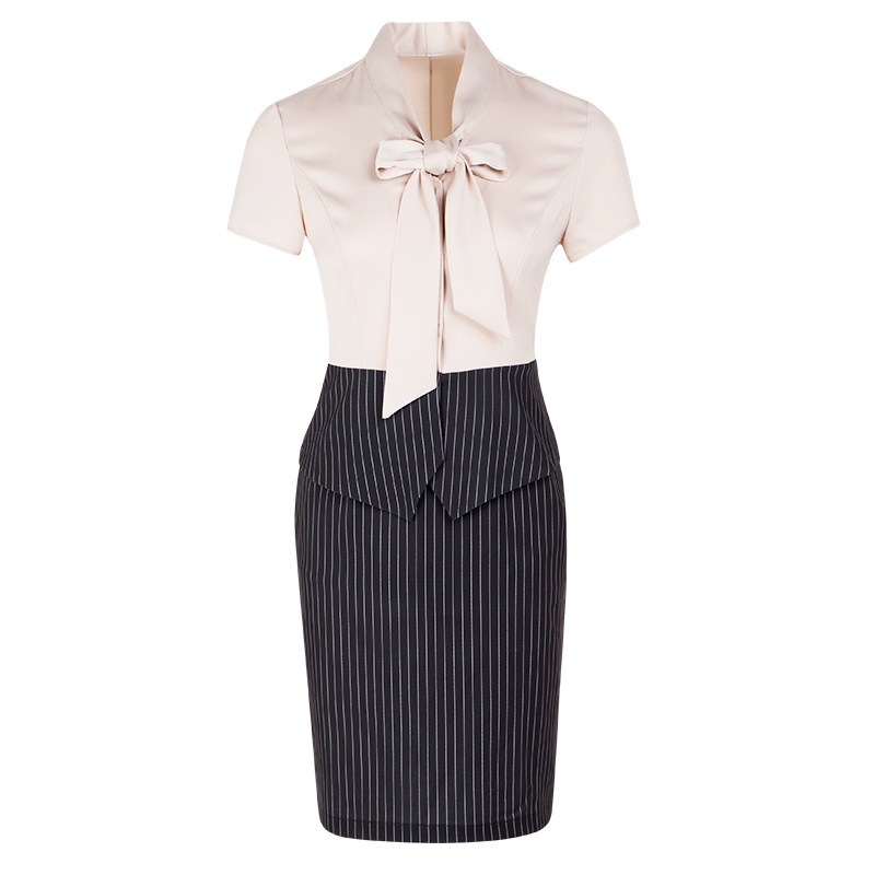 晚白 新品修身假两件系带V领短袖条纹一步裙包臀连衣裙女