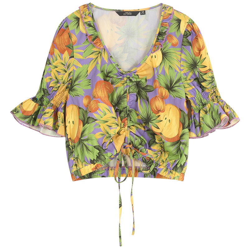 妖精的口袋v领碎花衬衫2019夏季新款女复古港味短款短袖洋气上衣