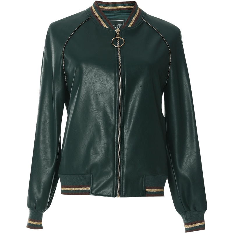 欧昵雪秋冬休闲撞色宽松PU皮衣女气质显瘦棒球服外套