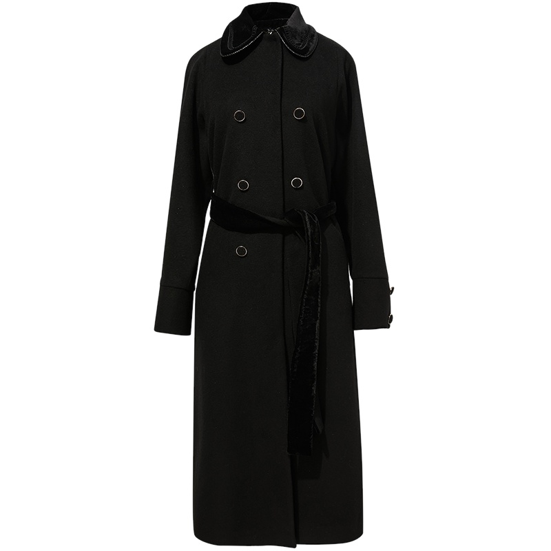 三彩2020 冬季新款翻领双排扣丝绒腰带长款宽松羊毛双面呢大衣女