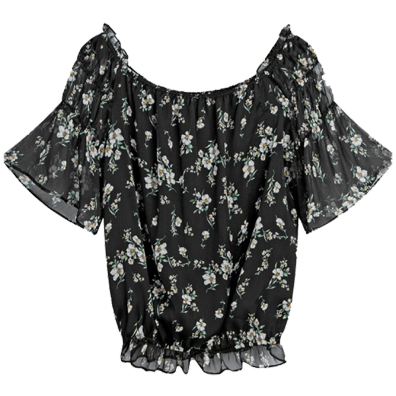 【专柜同款】拉夏贝尔旗下Candies夏季新款一字领雪纺碎花露肩女式衬衫30082487