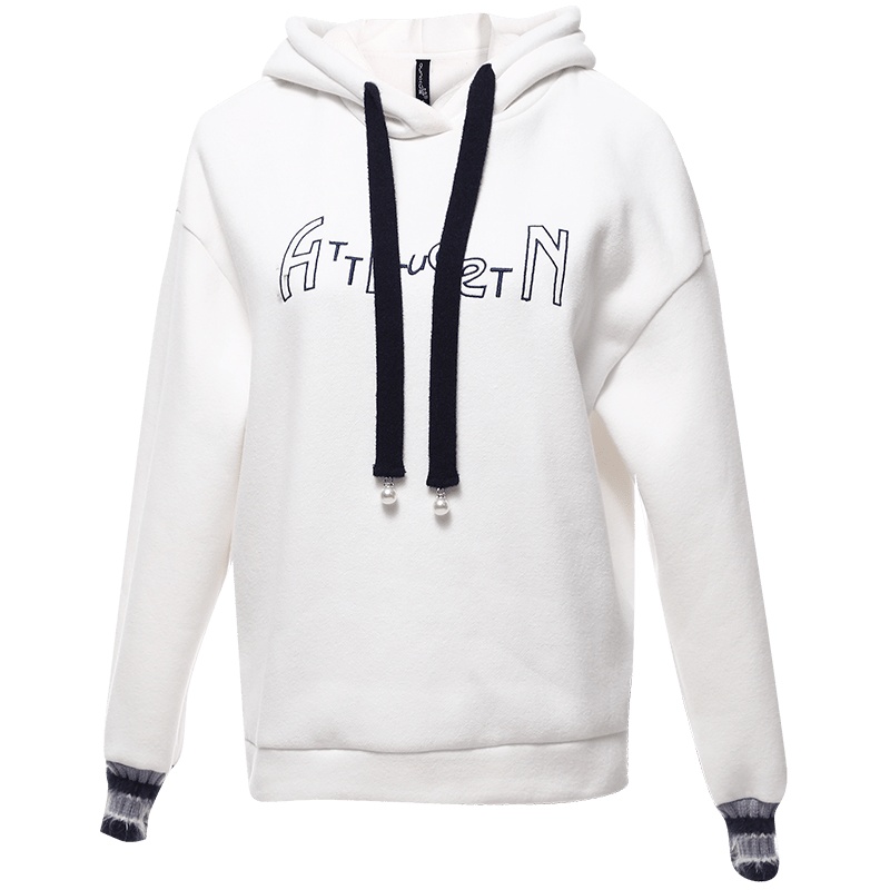 欧昵雪秋冬休闲套头连帽抽绳字母绣花宽松加绒卫衣女长袖