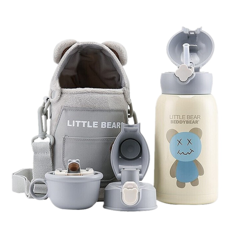 (免费刻字)毛绒熊杯具熊儿童保温杯带吸管儿童水杯316不锈钢内胆宝宝学饮杯儿童保温壶630mlBEDDYBEAR