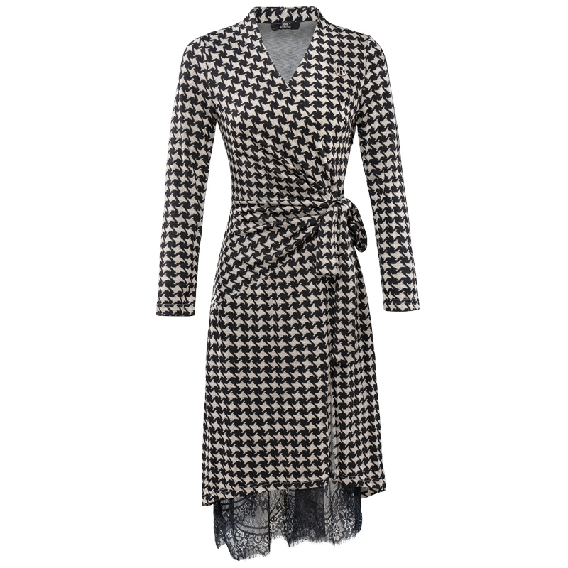 [狐婷]针织连衣裙女 2021秋季新款气质V领修身千鸟格印花打底裙