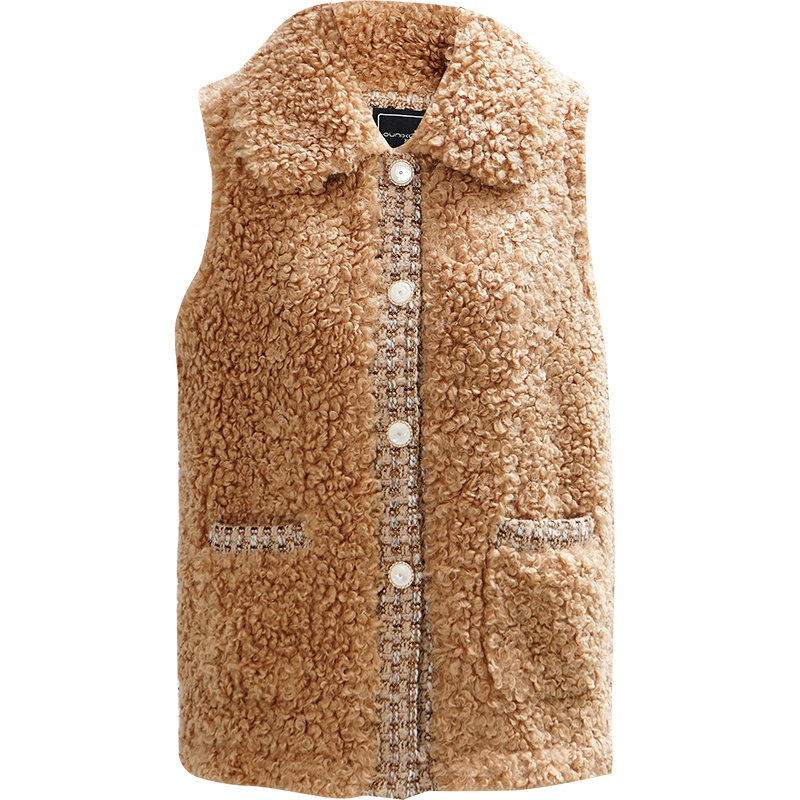 OUNIXUE欧昵雪 | [颗粒绒拼接粗花呢马甲]冬季百搭翻领口袋无袖外套女式马夹