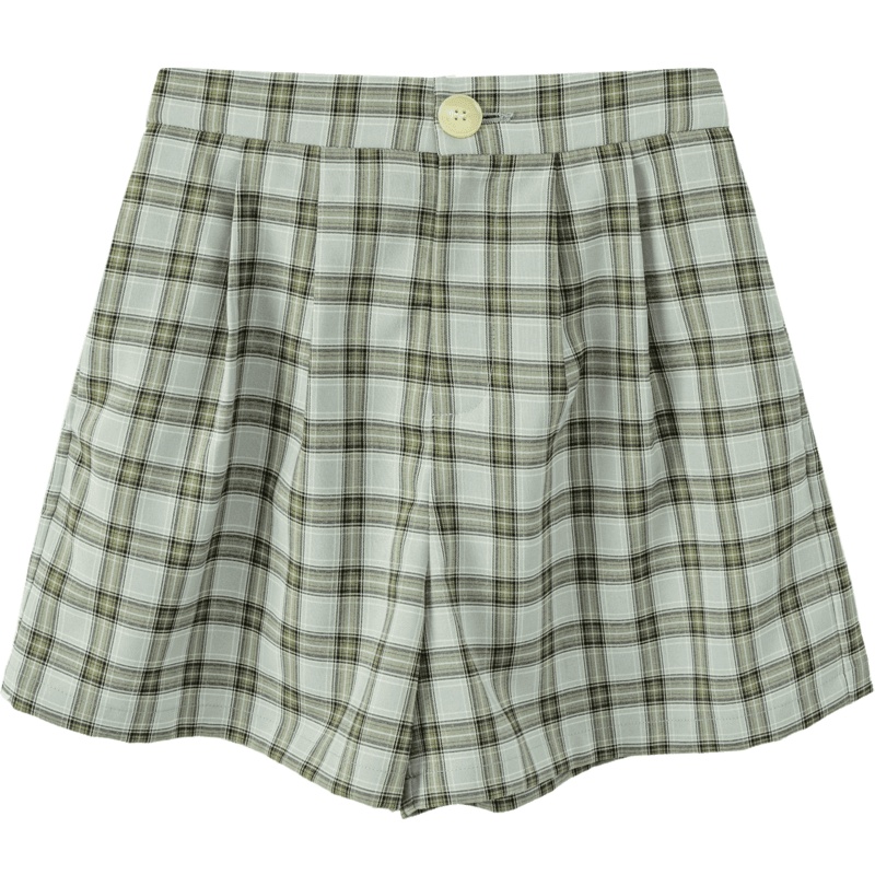 OtherMix绿色系格子休闲短裤2021年夏季新款高腰阔腿薄款女式裤子