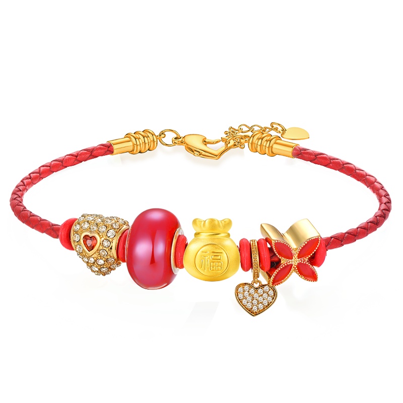 蒂蔻 3D硬足金镶钻爱心形福袋黄金手链女士款足金本命年红绳手链