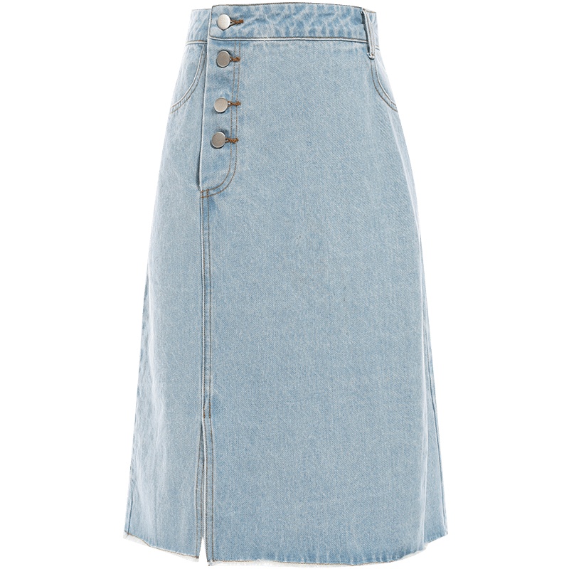 欧昵雪夏季高腰显瘦开叉A字裙女中长款直筒牛仔半身裙子