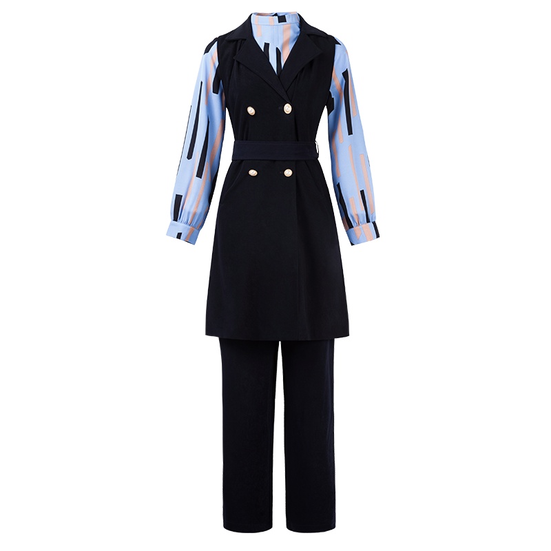 晩白 新品套装衬衫中长款西装马甲高腰阔腿裤休闲裤三件套