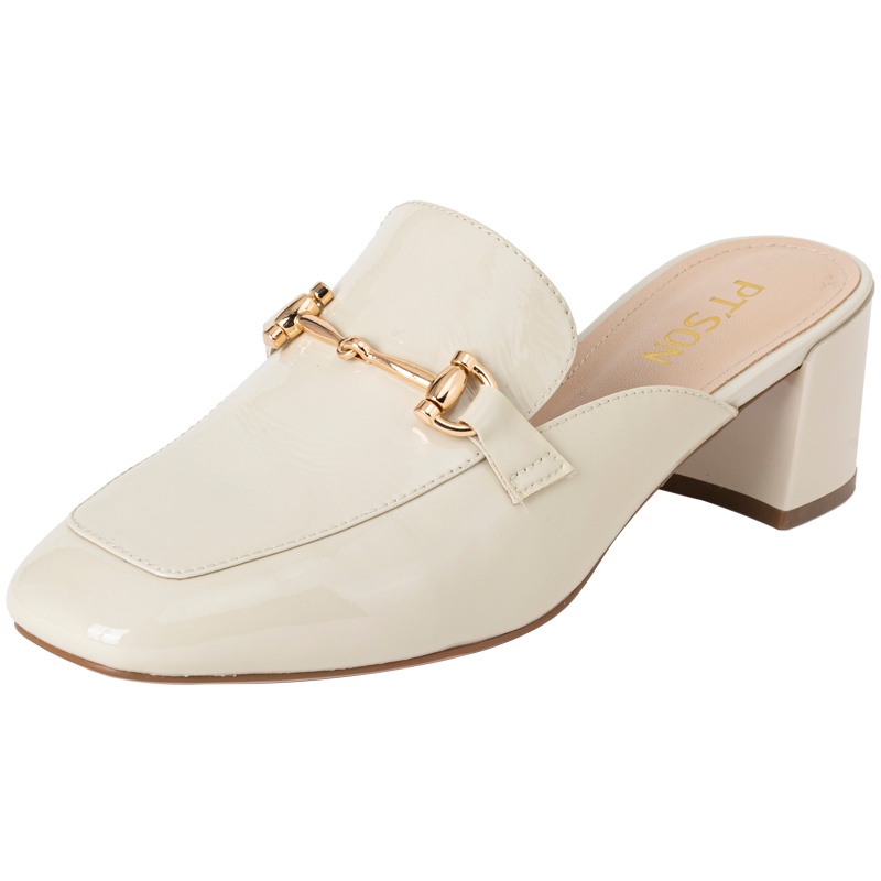 百田森2020商场同款高跟穆勒拖鞋女金属鞋扣单鞋漆皮包头凉拖