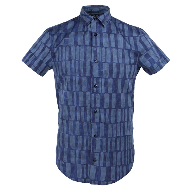 ARMANI 阿玛尼男士蓝色翻领短袖商务衬衫C6C25 LA KY