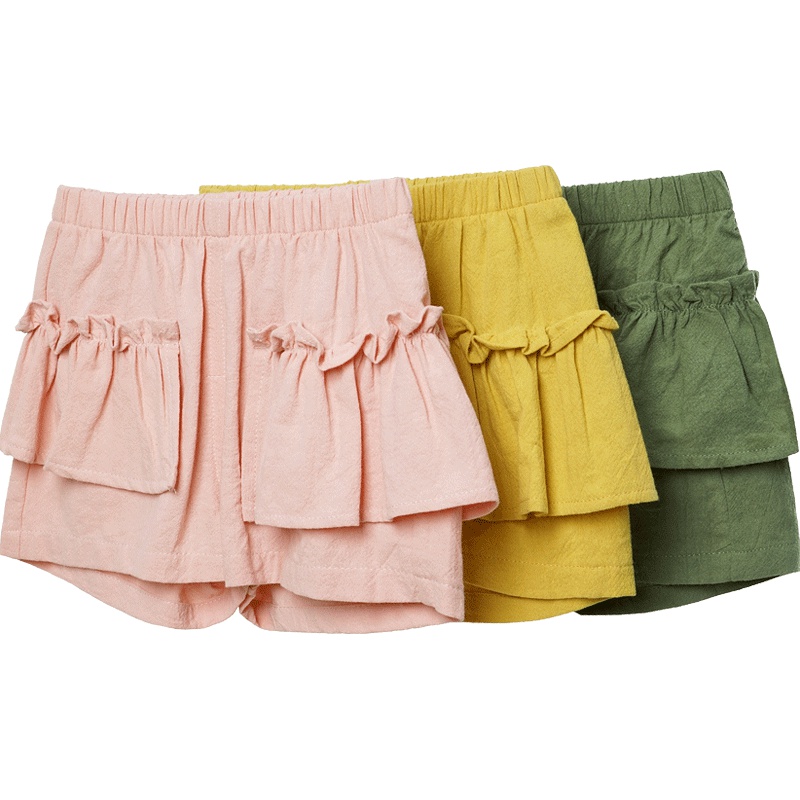 女童夏季纯色木耳边口袋小清新风格休闲短裤1-5岁73-120码