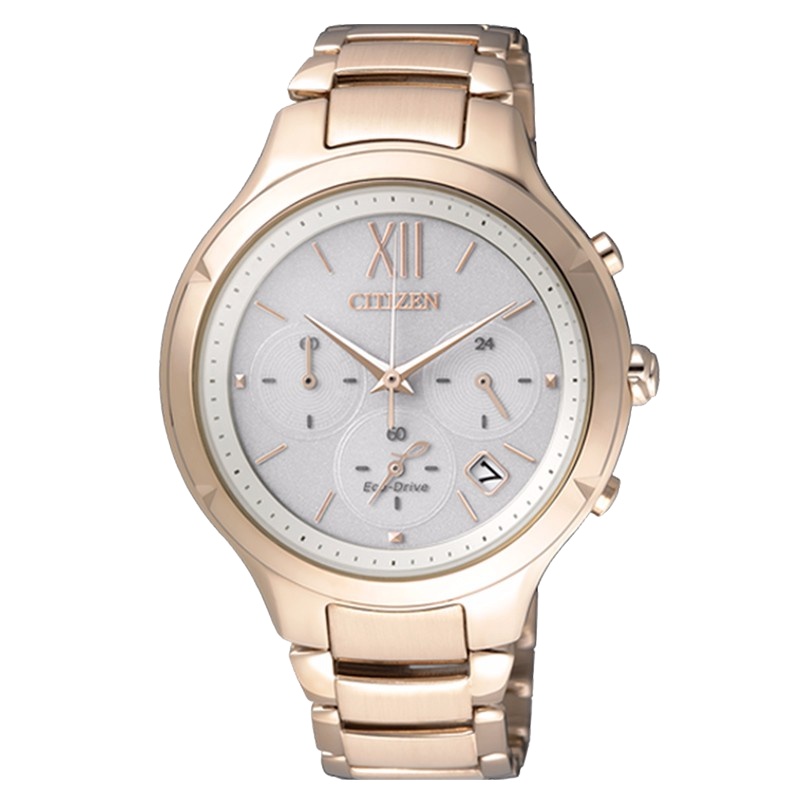西铁城(CITIZEN)手表女士 日韩品牌光动能不锈钢表带三眼计时玫瑰金色时尚腕表 FB4013-51A