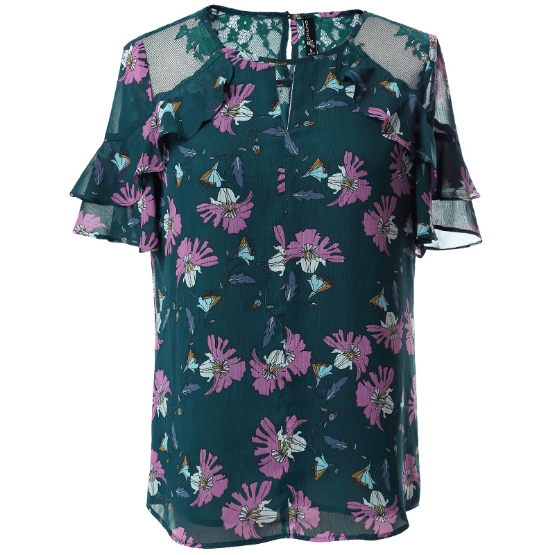 欧昵雪 夏优雅气质蕾丝拼接碎花雪纺衫女荷叶袖短袖上衣X