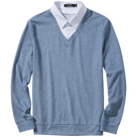 千纸鹤春季青年修身卫衣男潮 时尚假两件衬衫领休闲纯色上衣15109