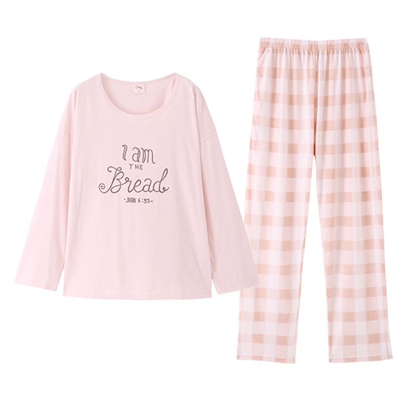 都市丽人卡通印花撞色棉质薄款圆领长袖套头家居服套装女士睡衣1H92A2