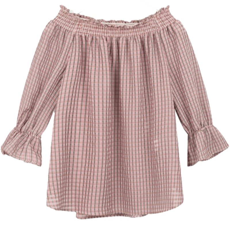 【专柜同款】拉夏贝尔旗下Candies春季新款一字领七分喇叭袖格子衬衫30082176