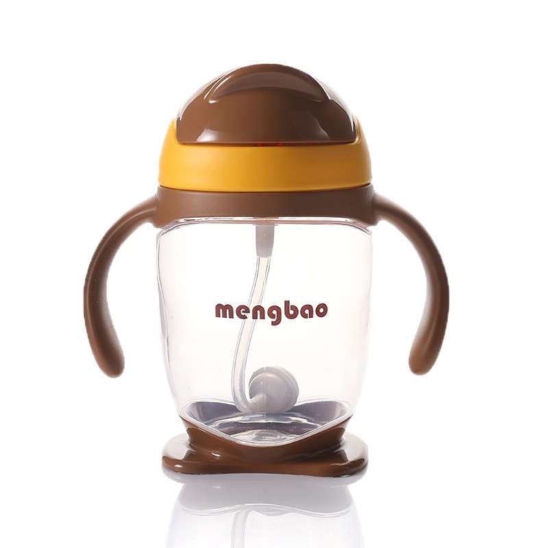 盟宝婴儿PP水杯水壶 带手柄吸管杯 防漏360度学饮杯 棕色300ML