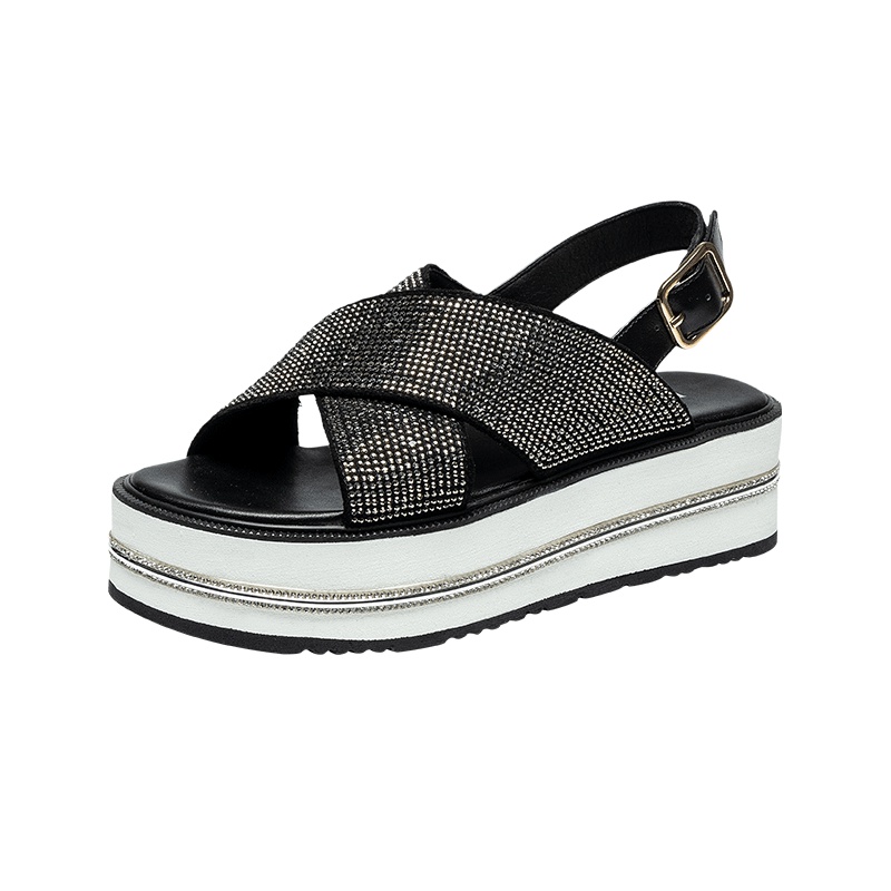 马克华菲女鞋2019夏季新款松糕厚底时尚亮钻一字扣带网红时尚凉鞋女