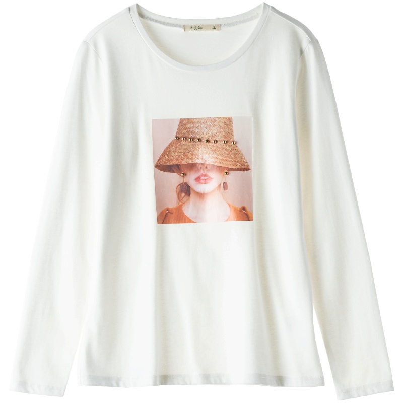 芊艺韩版时尚烫画长袖t恤女秋装2019新款显瘦圆领打底衫10555