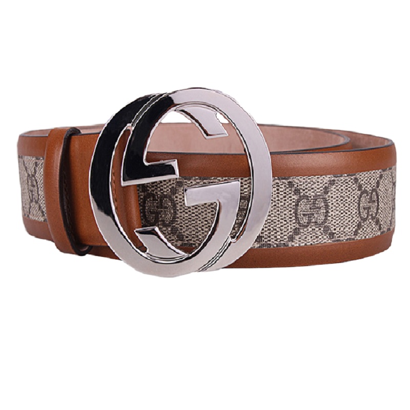 【优享】GUCCI 古驰 男士棕色皮质印花双G带扣腰带 棕色90CM