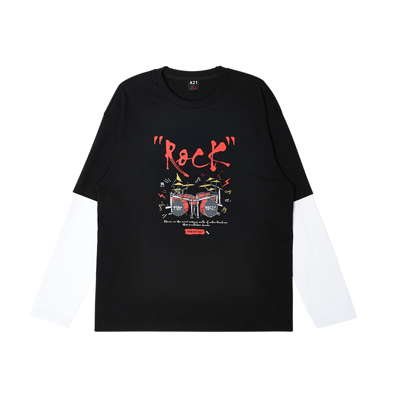 A21春季2021新款男装 宽松落肩上衣长袖假两件T恤男士百搭潮牌ins