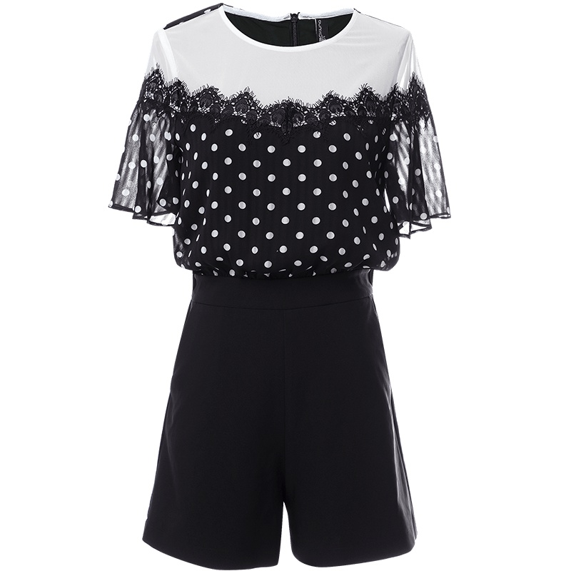 欧昵雪 夏OL假两件蕾丝拼接雪纺短袖波点休闲连体裤女短裤X
