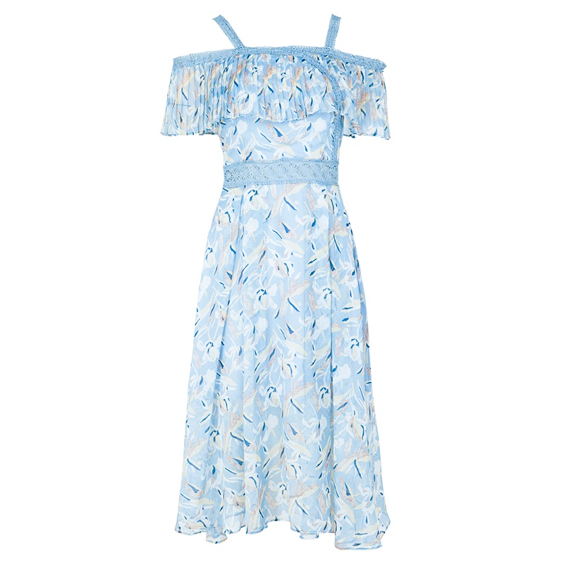 晚白2019夏季新品时尚印花收腰显瘦中长款露肩A字雪纺连衣裙女