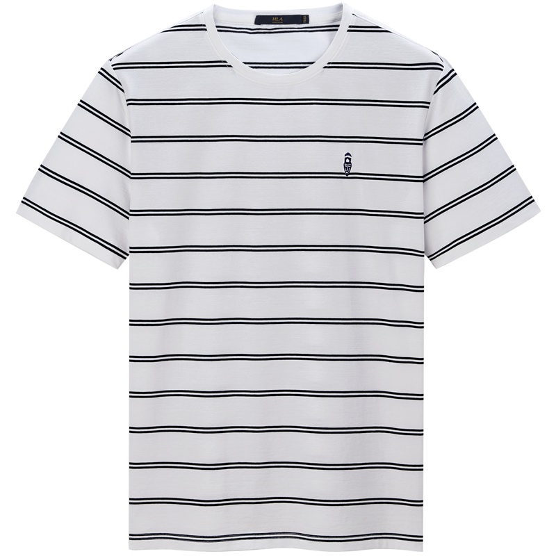 HLA海澜之家条纹绣标短袖T恤2019夏季米白清爽简约短T男-HNTBJ2R301A