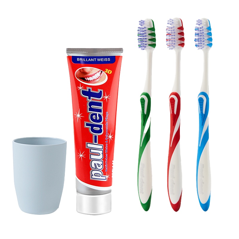 宝儿德美白去黄牙膏牙刷套装去牙渍去口臭牙膏清新口气护龈防蛀固齿成人德国牙刷细毛软毛3D美白牙膏100g*1+按摩牙刷1支