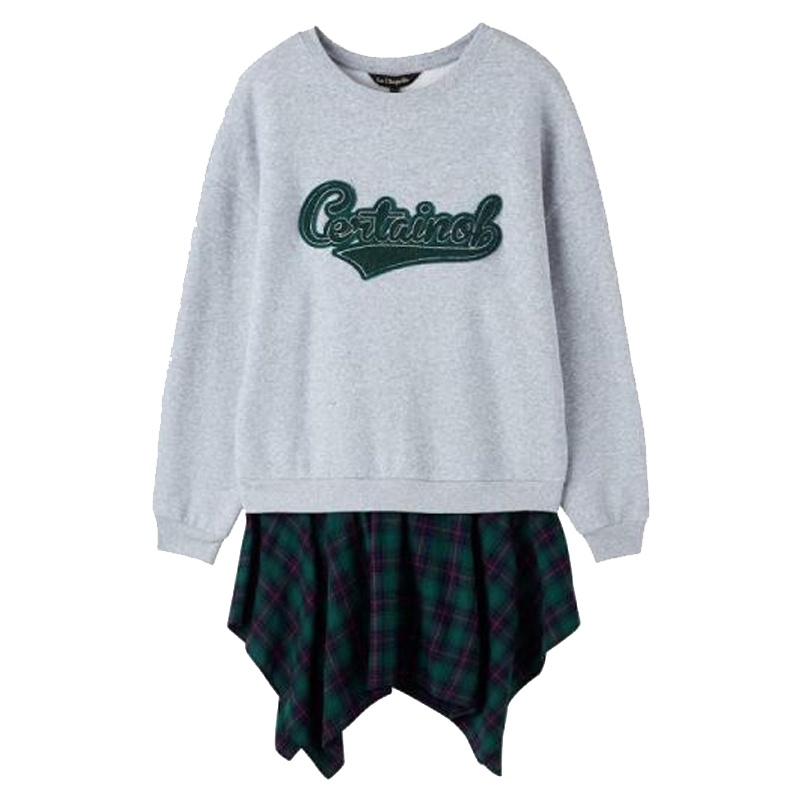 拉夏贝尔新款拼接假两件连衣裙春季圆领长袖卫衣女款连衣裙女1T000915