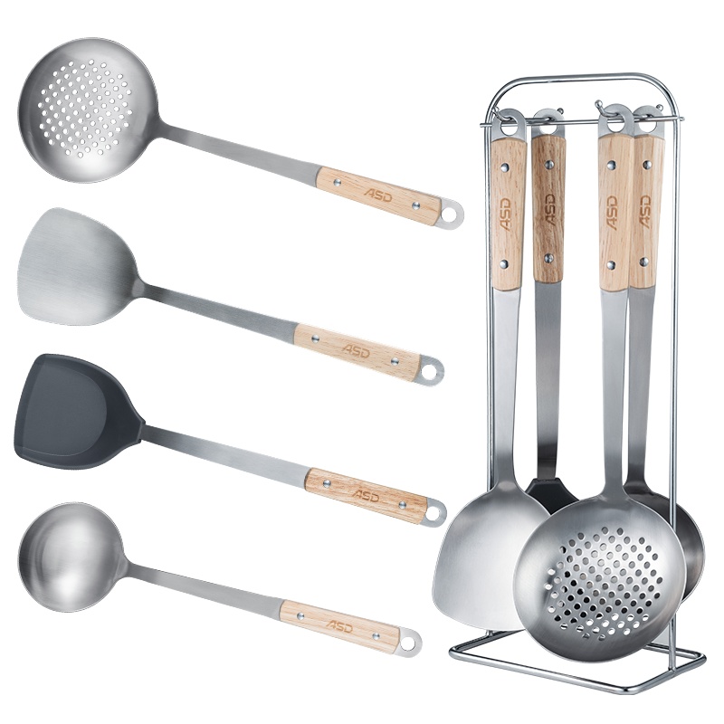 爱仕达不锈钢厨具铲勺套装厨房家用硅胶护锅铲五件套落地收纳挂架RCS05E2JWG