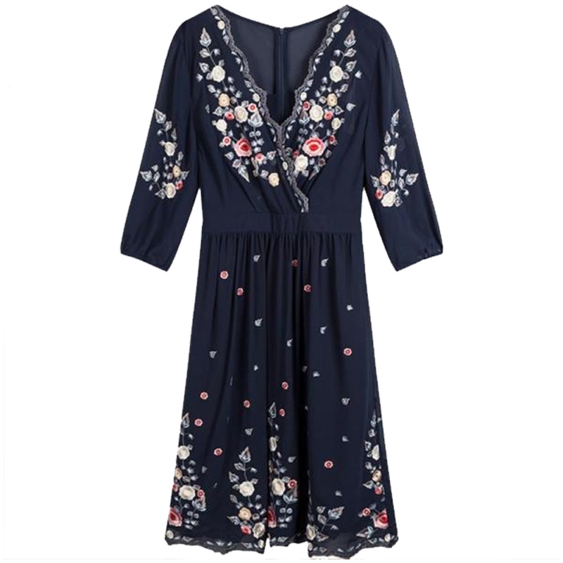 【热卖】拉夏贝尔旗下新款碎花刺绣五分袖V领雪纺连衣裙30081470