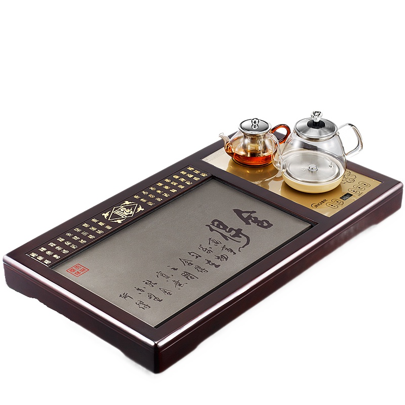 金杞(JINQI)整套玻璃茶具全自动上水电热水壶整套玻璃电磁茶炉抽水烧水保温嵌入式茶盘四合一茶托米紫檀木米迦色