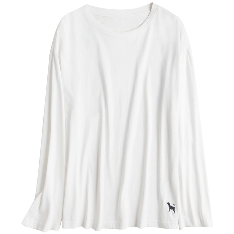 OtherMix白色T恤女装2021新款宽松春季长袖圆领打底衫慵懒风上衣